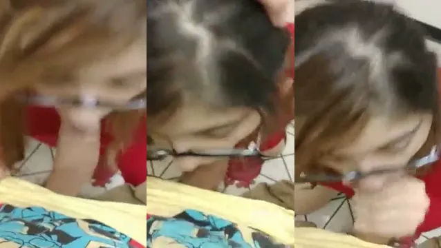 Glasses Girl Kneels In Bathroom - Secret Mall Blowjob With Big Cock